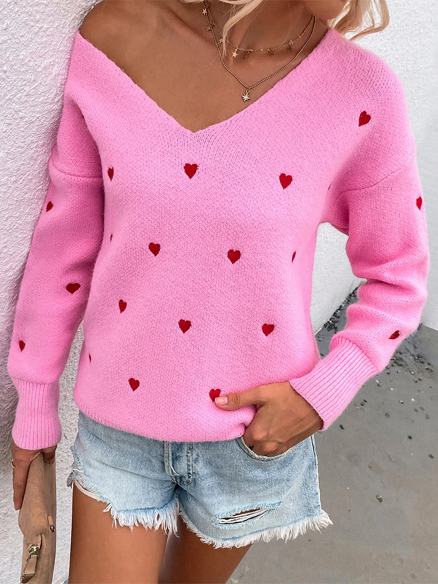 Heart Printed Sweater for Women Long Sleeve Crewneck Pullover Oversized Knitted Sweaters Valentines Jumper Tops