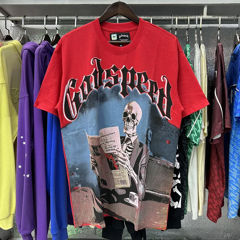 

Men's Rock Pop Classic Red Godspeed T-shirt Reading Newspaper Skull Print Tee Street Trend Brand GOD SPEED Short Sleeve Unisex