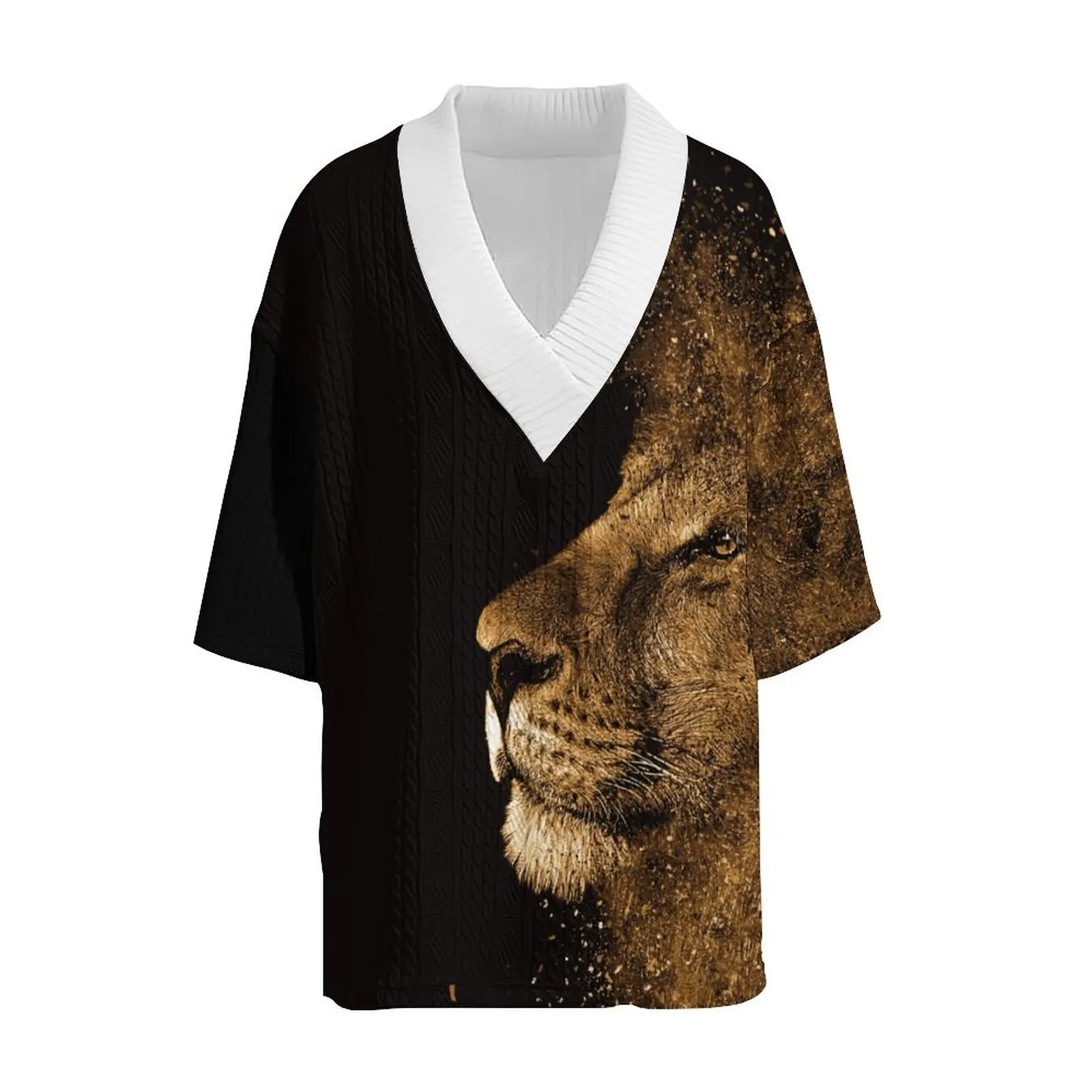 2024Summer lion animal print jacquard knitted men\'s set with oversized short sleeved V-neck top and shorts two-piece set