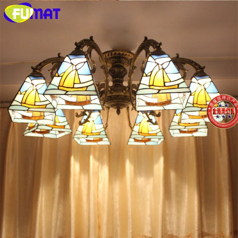 

FUMAT Tiffany style stained glass Mediterranean multi-head ceiling light for living room dining room bedroom lamp LED decor