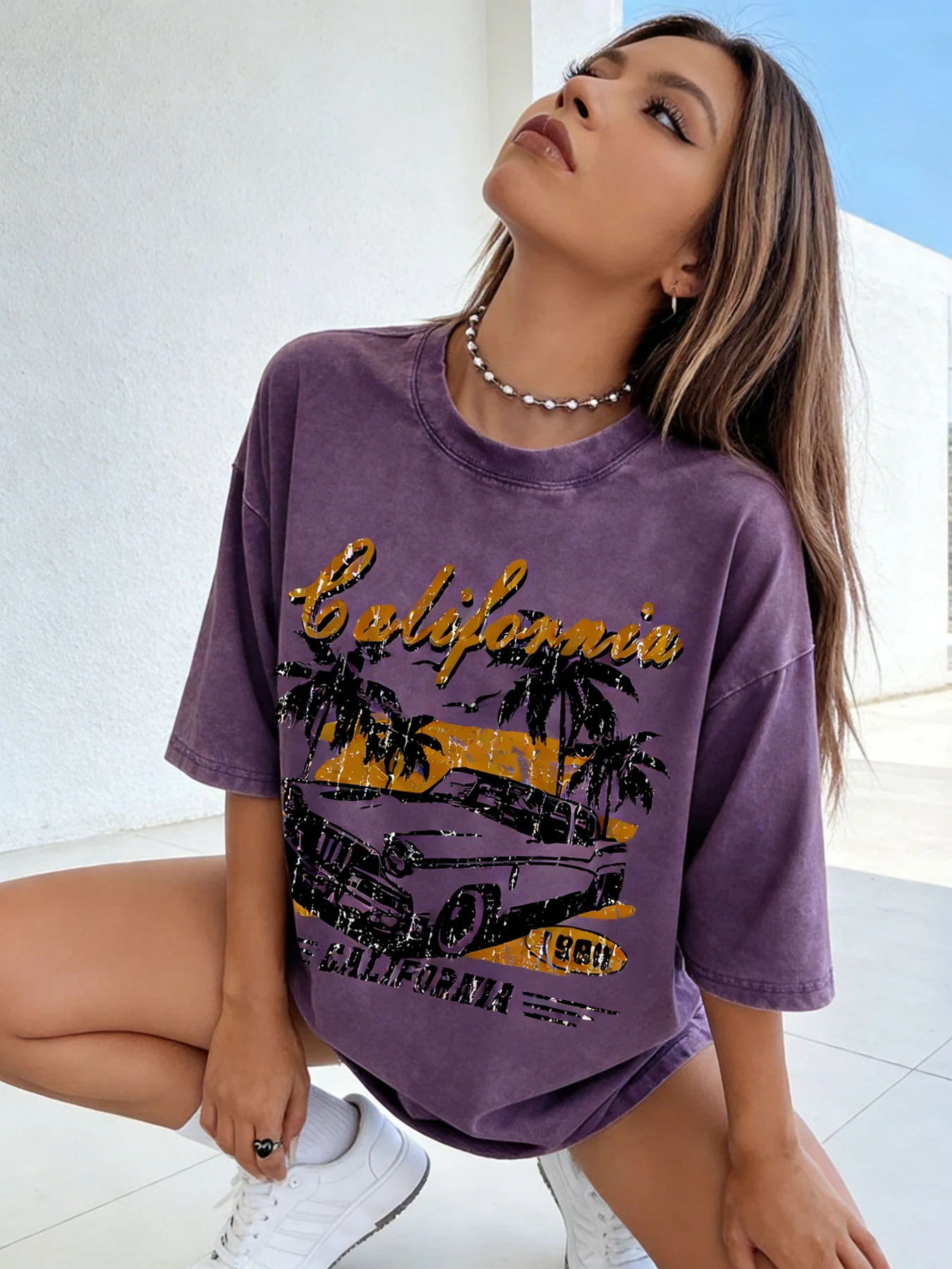 

California 1980 Vintage Car Print T-Shirts Women Loose Casual Clothing S-XXLFashion Tshirts Crewneck Breathable Short Sleeves