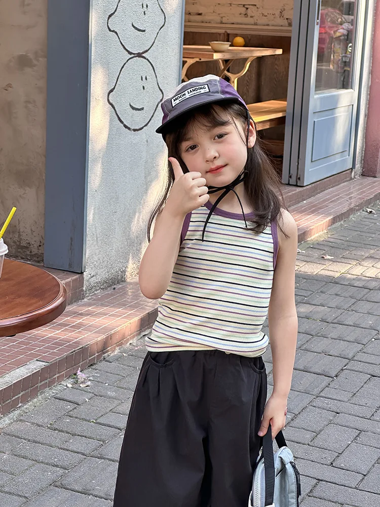 

2026 Small and Medium Sized Children's Tank Top Girls' Korean Strips Kids Fashion All-match Cute Top