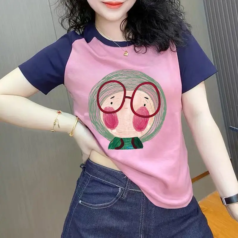 

2026 Summer Women's Cotton Crew Neck Short Sleeve Raglan T-shirt - New Color Block Design Slimming Clothes