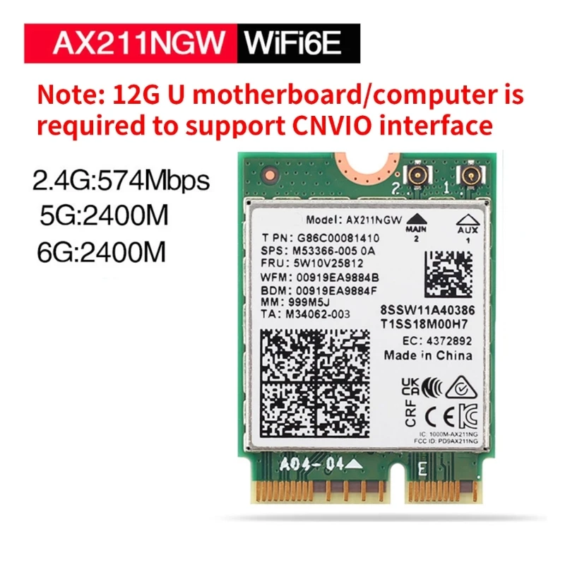 AX211NGW WiFi 6E Adapter Wireless Wi-Fi Card Bluetooth-compatible5.3 2.4G/5G/6G 5374Mbps Antenna  M2 Key-E CNVIO2