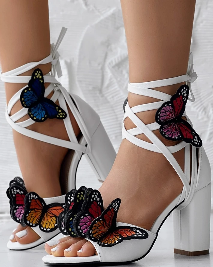 Hot Selling 2024 Sandals with Butterfly Pattern Cross Tie High-Heeled Casual Women's Open Toed Sandals In Stock