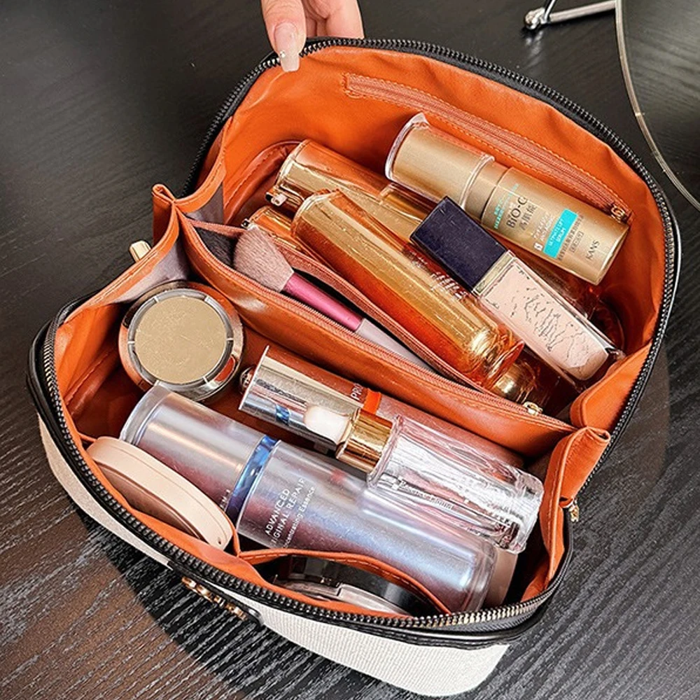 Travel PU Leather Makeup Bag,Large Capacity Cosmetic Bags for Women,Waterproof Portable Pouch Open Flat Toiletry Bag Makeup Bag