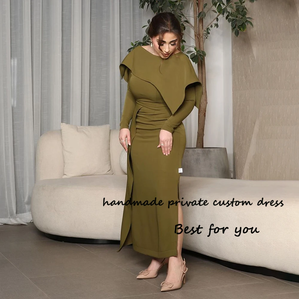 

Army Green Satin Mermaid Evening Dresses Long Sleeve O Neck Prom Dress with Slit Floor Length Arabian Dubai Formal Evening Gowns