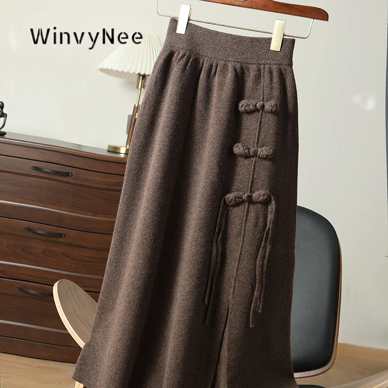 WinvyNee Women Midi Skirt Pure Wool Retro Frog Button Split Hem Elastic Waist Oriental Knit Wear Stylish Daily Outfits ZE1853006