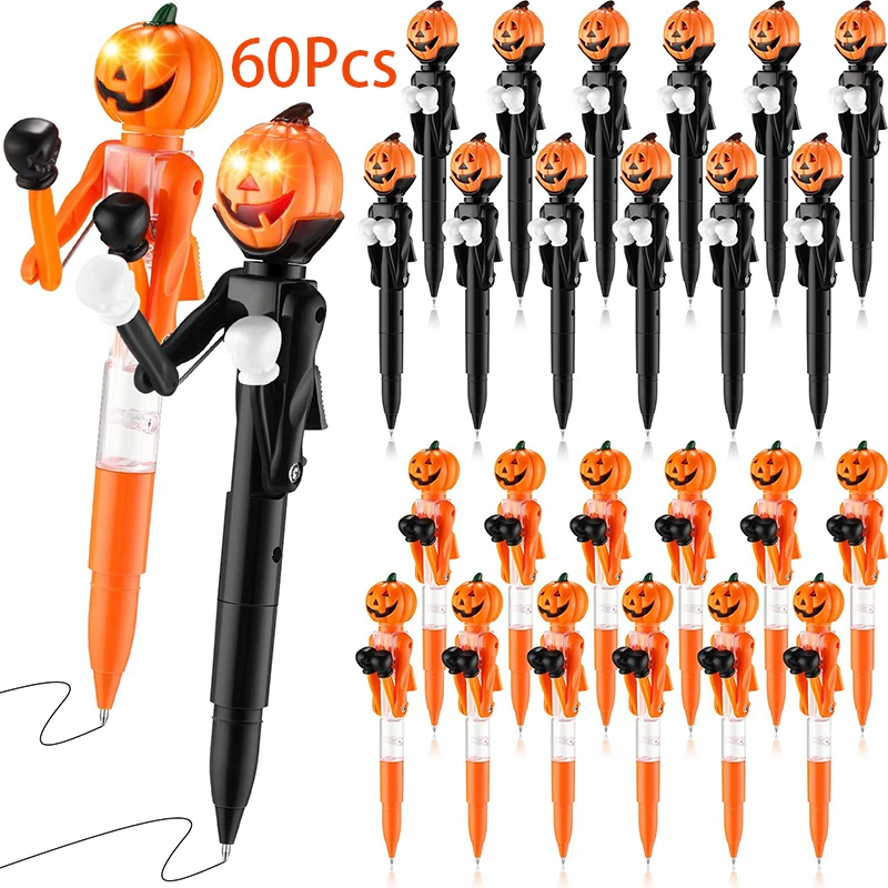 

60Pcs Halloween Pumpkin Ballpoint Pen Cute Light Boxing Roller Ball Pens School Writing Supplies Stationery Gift