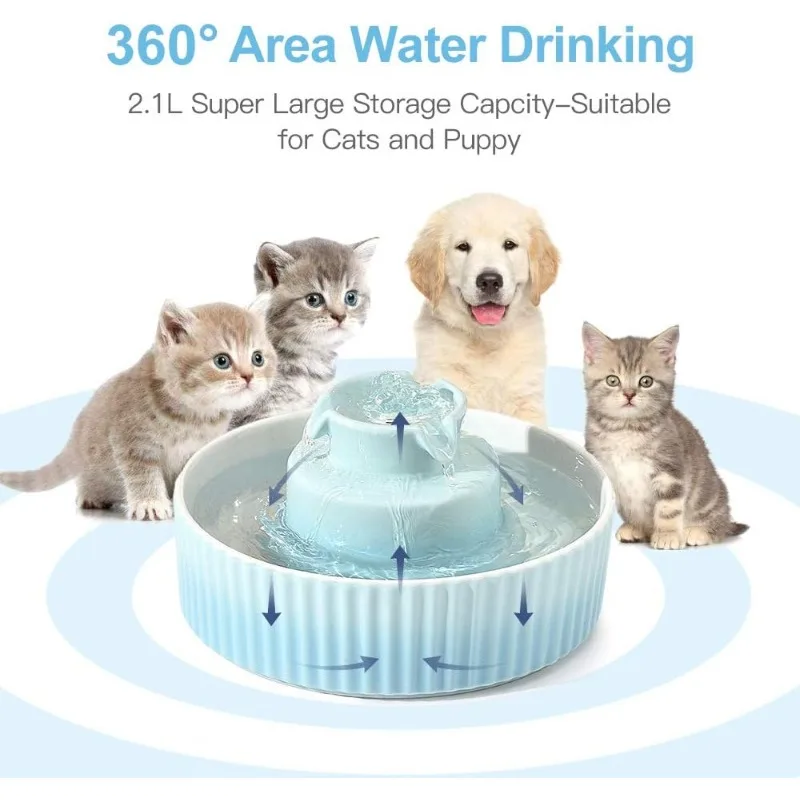 360 Ceramic Pet Fountain, Advanced Porcelain Cat Water Fountain, 70 oz.Drinking Fountains Bowl for Cat and Dogs with Replacement