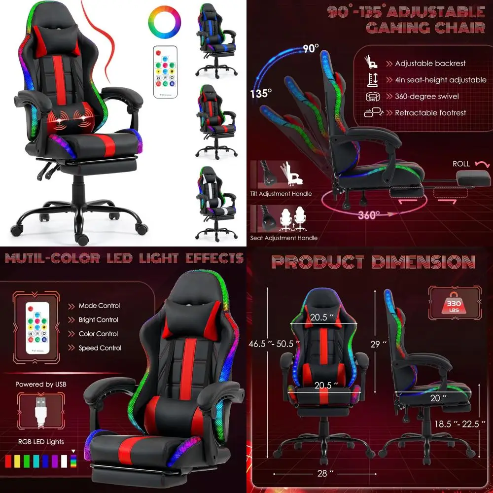 

LED Gaming Chair Ergonomic Video Game Chair with Lumbar Massage Support and Footrest for Comfortable Computer Gaming