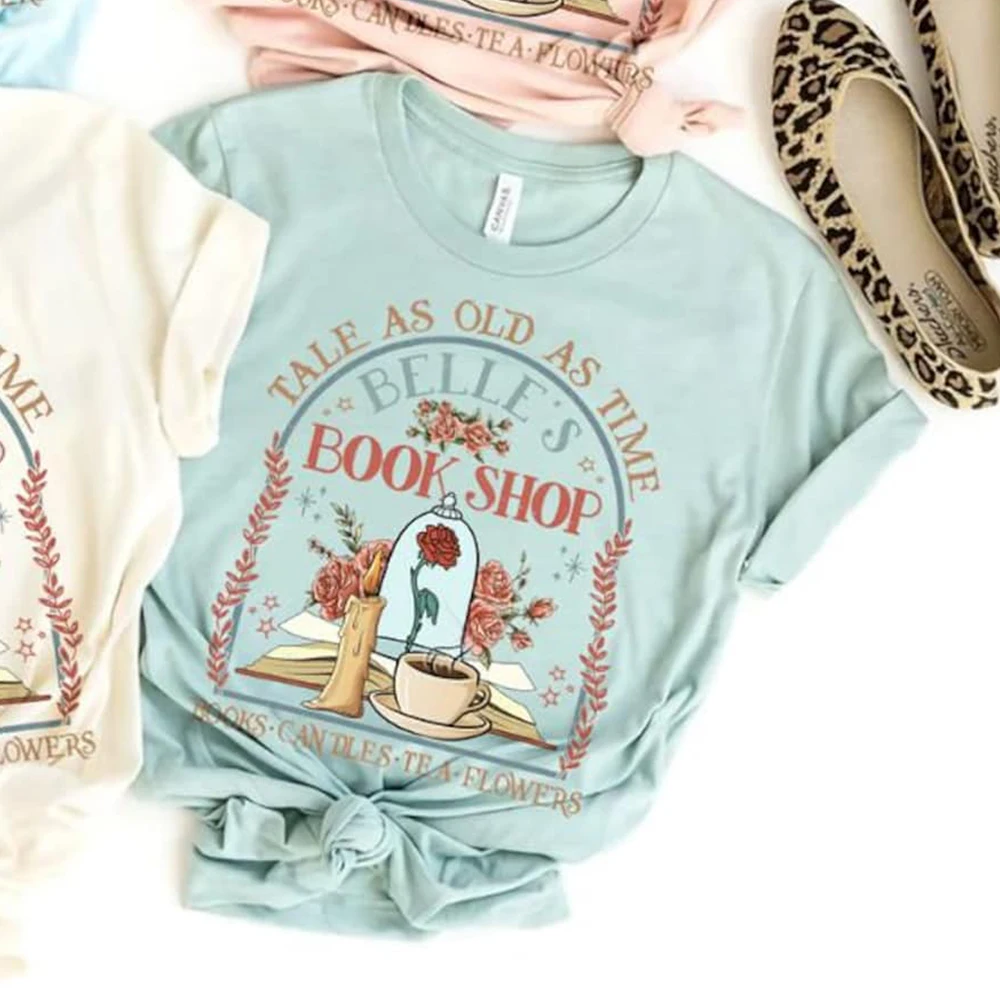 Vintage Retro Belle's Book shop Shirt Tale as old as time Beauty and The Beast Magic Tee Casual Y2K Top Daily Trendy Streetwear image 4