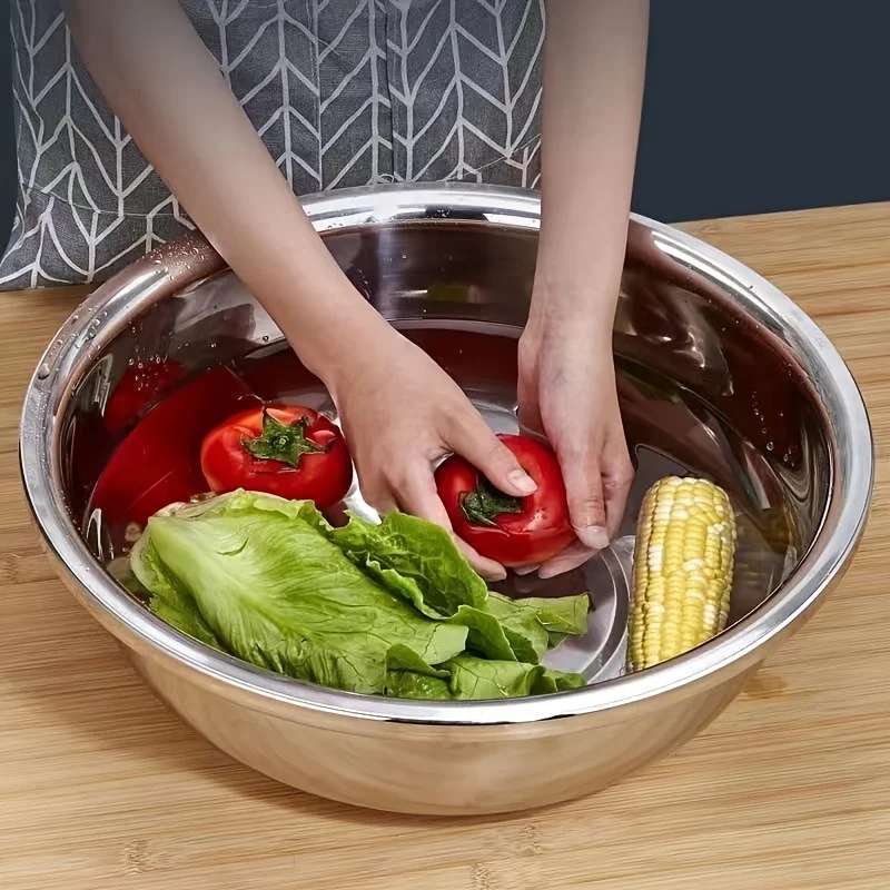 Cuenco de acero inoxidable de 36 cm, extra grande y grueso, multiusos para lavar verduras, amasar masa, sopas y como cuenco para verduras, cuenco redondo de estilo chino para uso doméstico