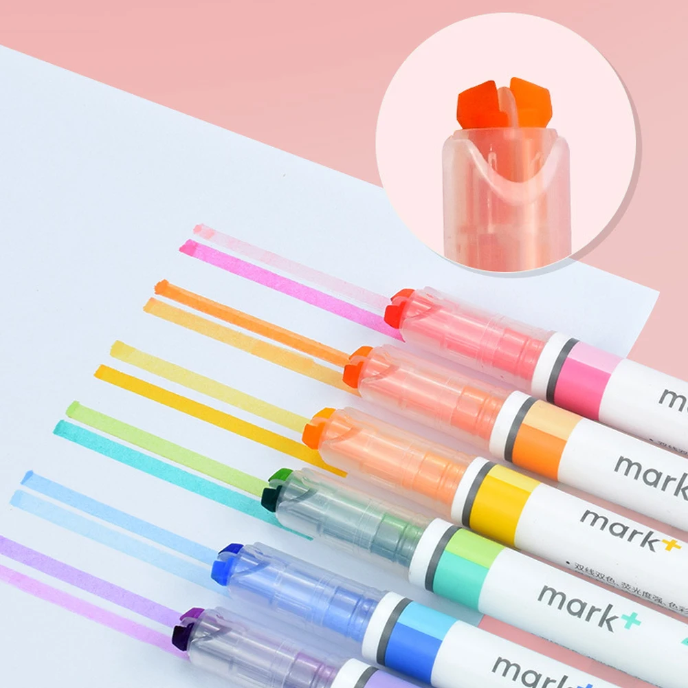 6Pcs Double Color Highlighter Marker 2 Color in 1 Study Marking Pen Work Note Markers School Office Stationeries Supply