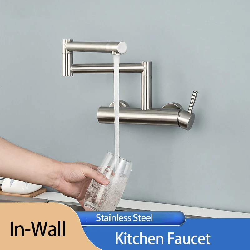 

In-Wall Kitchen Faucet Telescopic Folding Stainless Steel 360 Rotating Mixer Bathroom Balcony Laundry Sink Tap Hidden Type Crane