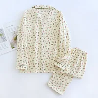 2026 Spring and Autumn Women's Pajama Set 100% Cotton Crepe Long sleeved Pants Two piece Cute and Sweet Home Fury Set Ladies - Image 2