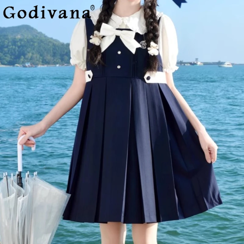 

JK Uniform Japanese Sweet Bow Sleeveless Pleated Vest Dress Autumn Winter College A-line High Waist Age-reducing Loose Dresses