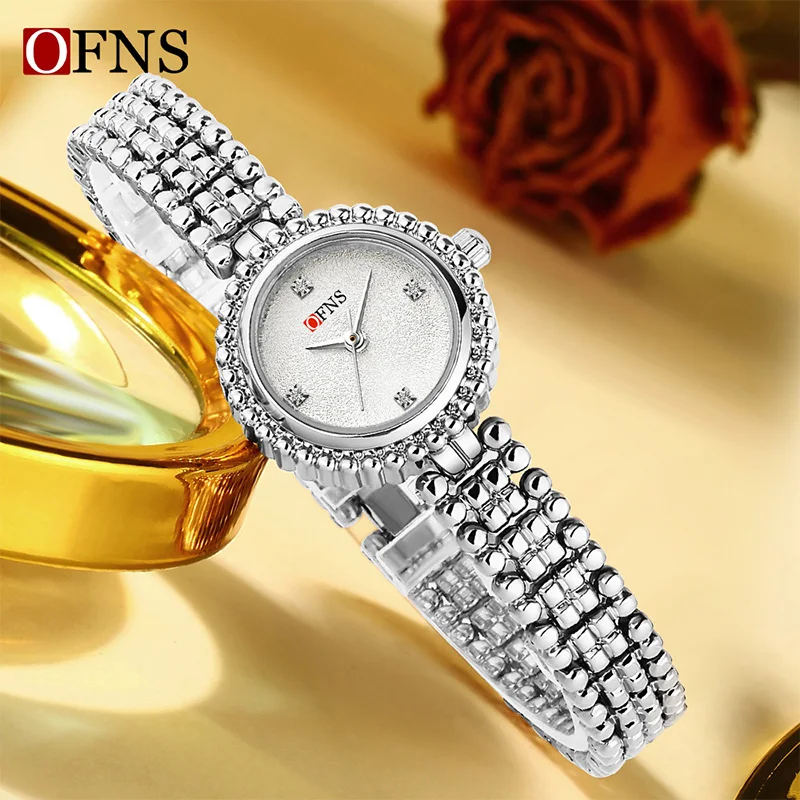 OFNS 1619 ساعة كوارتز نسائية فاخرة جديدة مع حزام فولاذي وسماء مرصعة بالنجوم ساعة مستديرة صغيرة ساعة عمل أنيقة reloj mujer