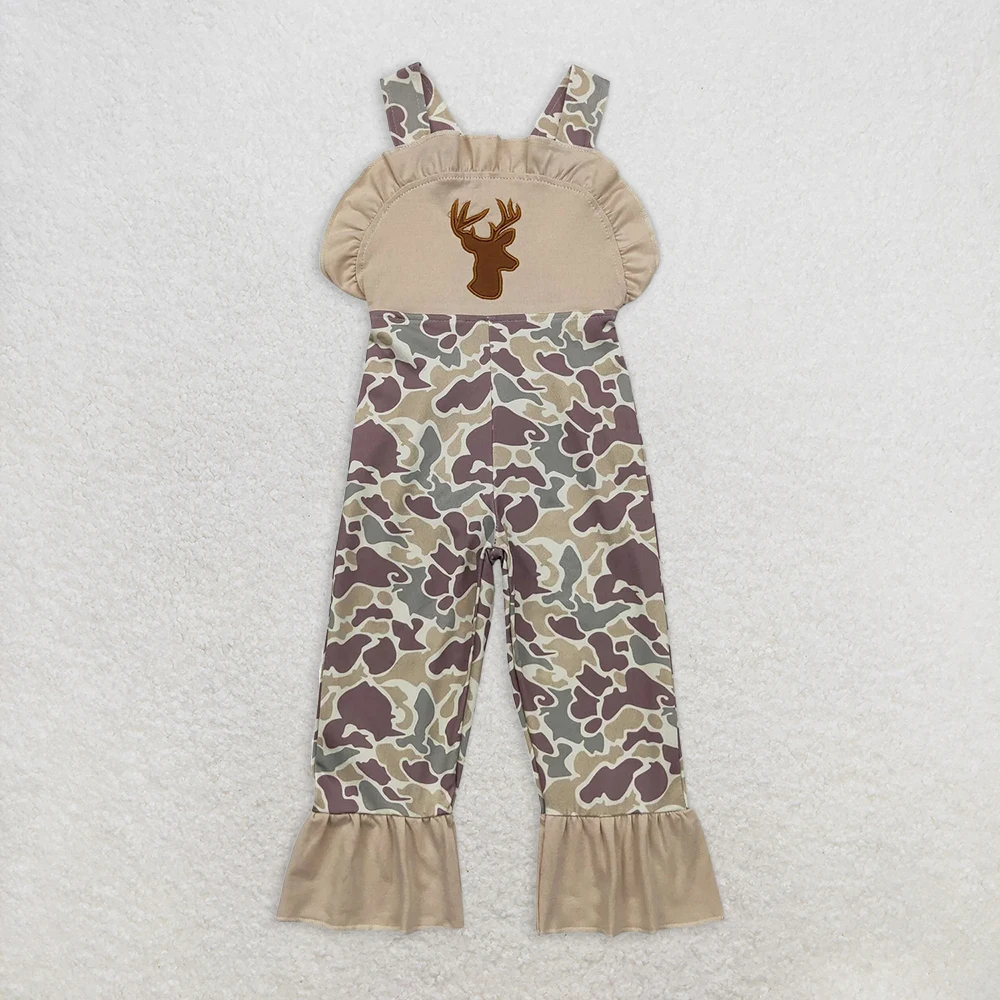 

Baby Girls Camouflage Ruffle Pants with Deer Pocket Kids Hunting Jumpsuits Rompers Straps for Girls