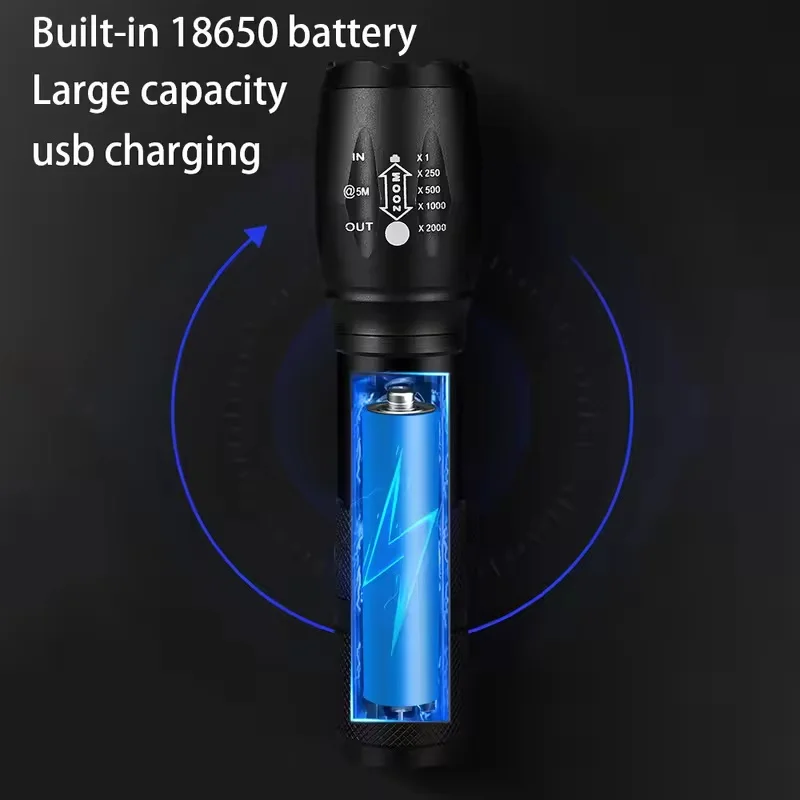 Powerful Zoom LED Flashlight Bright Camping Torch 5 Lighting Modes Portable Outdoor Rechargeable Bicycle Light Use 18650 Battery