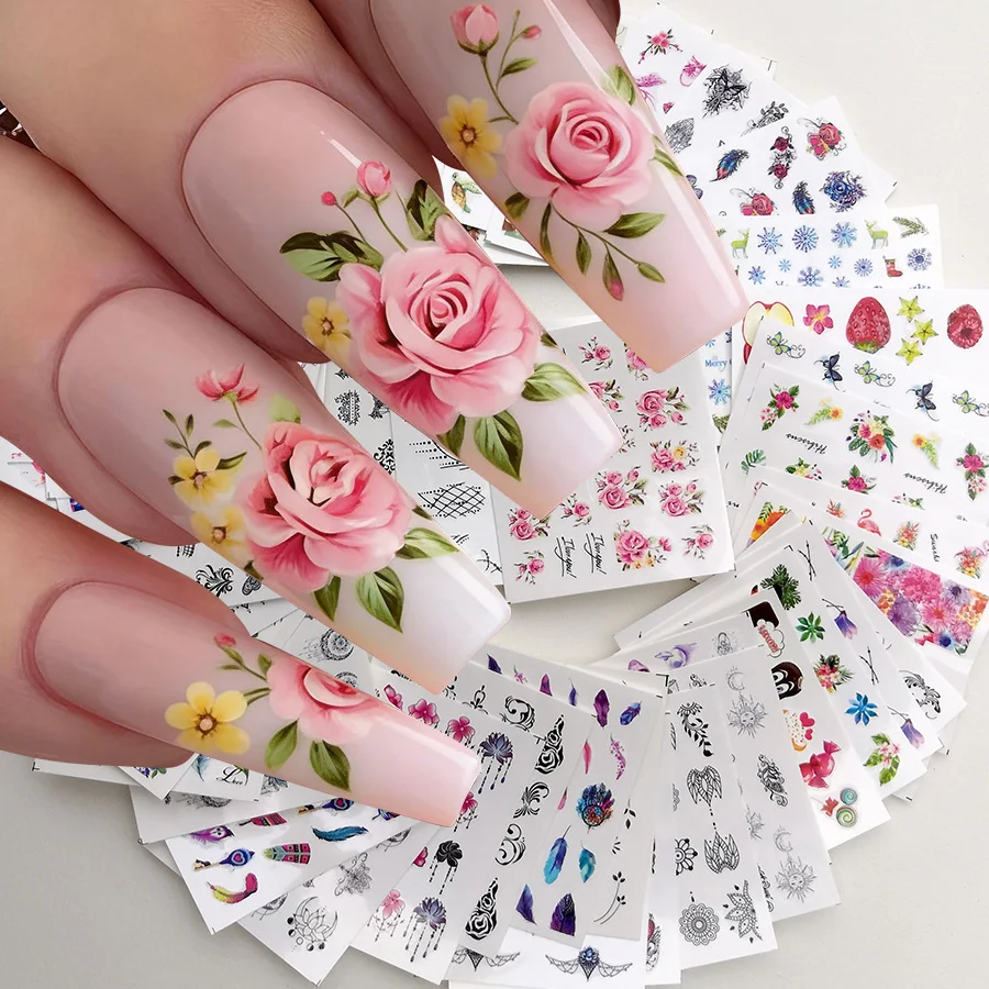 48 Pieces of Nail Art Stickers, Spring and Summer Flowers, Roses, Butterflies, Leaves, Ice Cream, Lips, Knots, Feathers, Coconut Trees, Water Transfer Nail Decals Set, Non-Adhesive, Need to Be Soaked in Water and Sealed, Models and Styles Are Random and Not Fixed