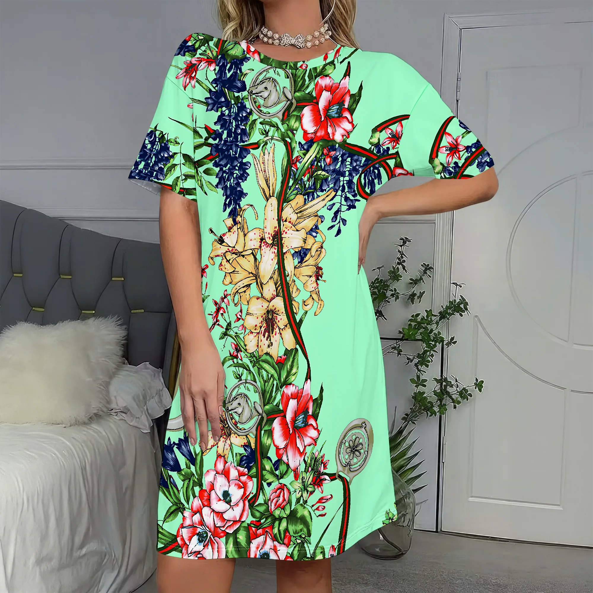 Botanical Print, Floral Dress, Vintage Style Retro Dress, Short Sleeve T-Shirt Dress, Casual Wear Beach Cover Up, S-2XL
