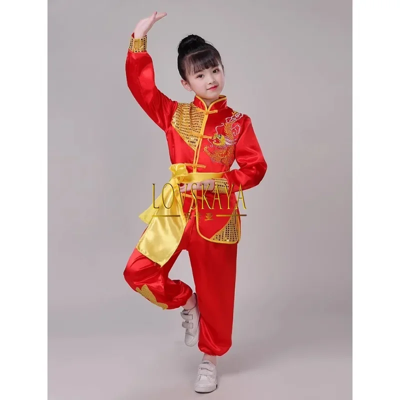 Kinderen Pailletten Martial Arts Kostuums Performance Kung Fu Tai Chi Kostuums Drummen Dragon Performance Kostuums