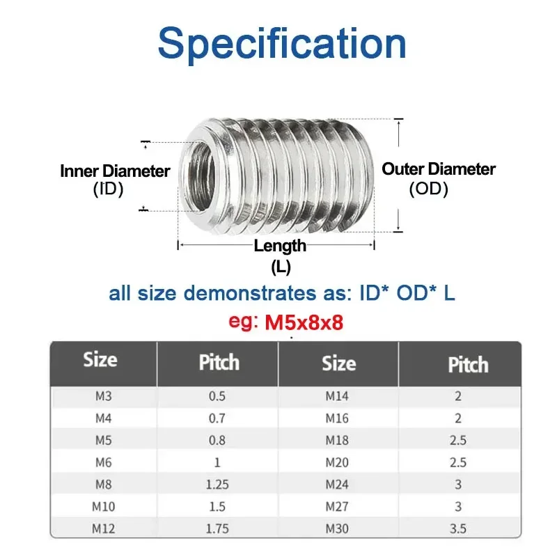 1-5Pcs 304 Stainless Steel Inside Outside Thread Adapter Screw Nuts Insert Sleeve Converter Nut Coupler M4 M5 M6 M8 M10