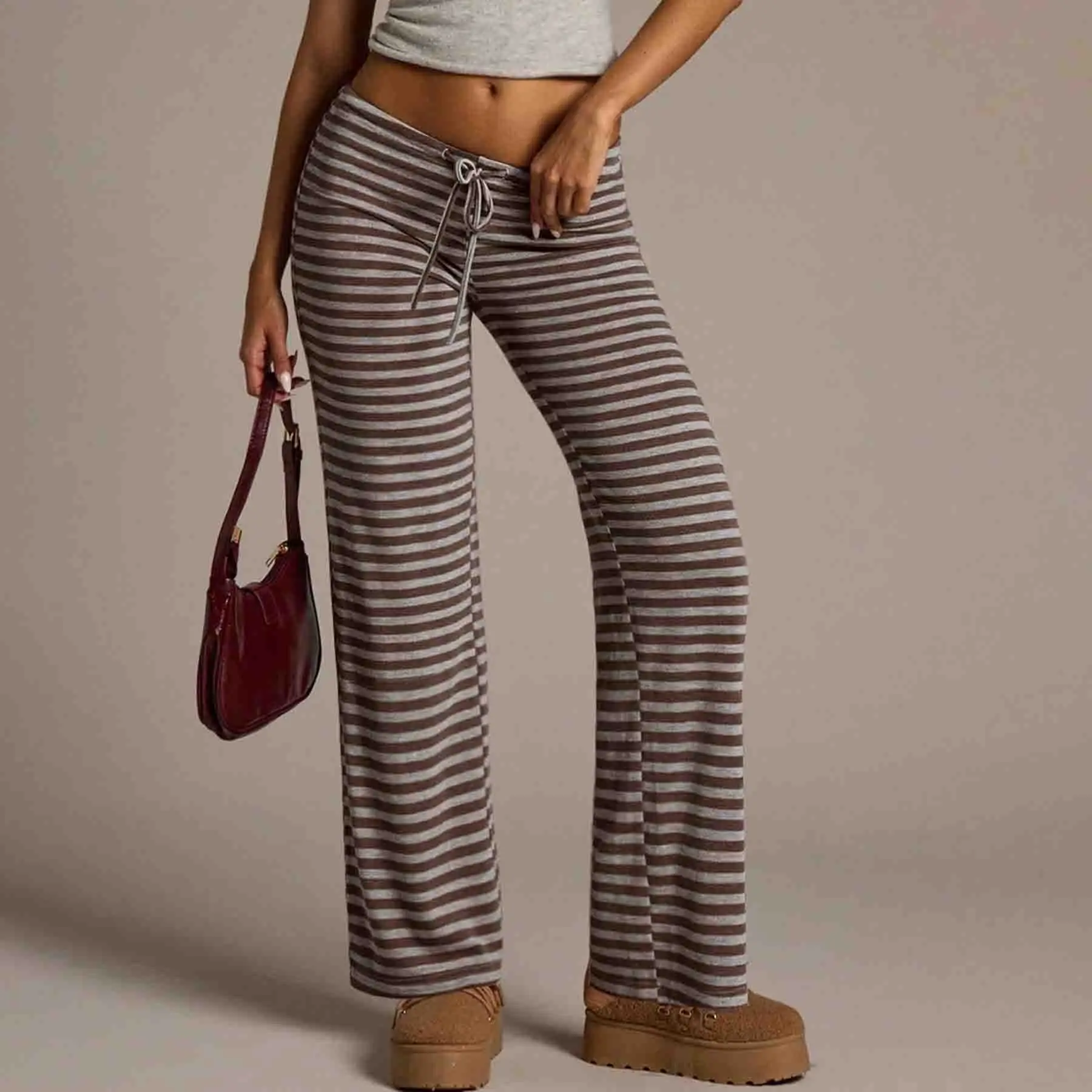 Low Waist Drawstring Flared Pants for Women Made of Polyester Stretch Knit Fabric Suitable for Vacation and Fitness
