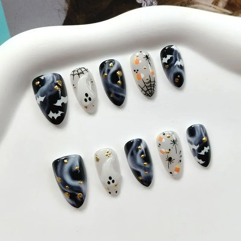 10 Stück 3D Geister-Kürbis Katzenaugen-Kunstnägel mit rauer Textur, Halloween-Nägel, europäische & amerikanische Nagelaufkleber, künstliche Nägel – Detail 12