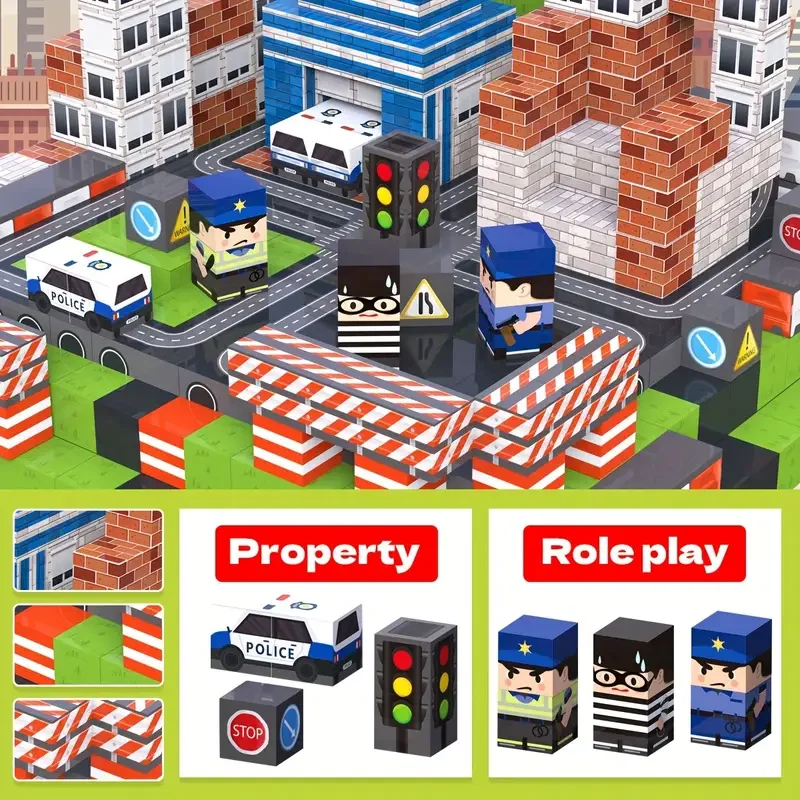 Blocs magnétiques de Police de Justice, ensemble de blocs de Construction magnétiques, conception de paysage urbain, voiture de Police, Cube magnétique, jouets de Construction à tige
