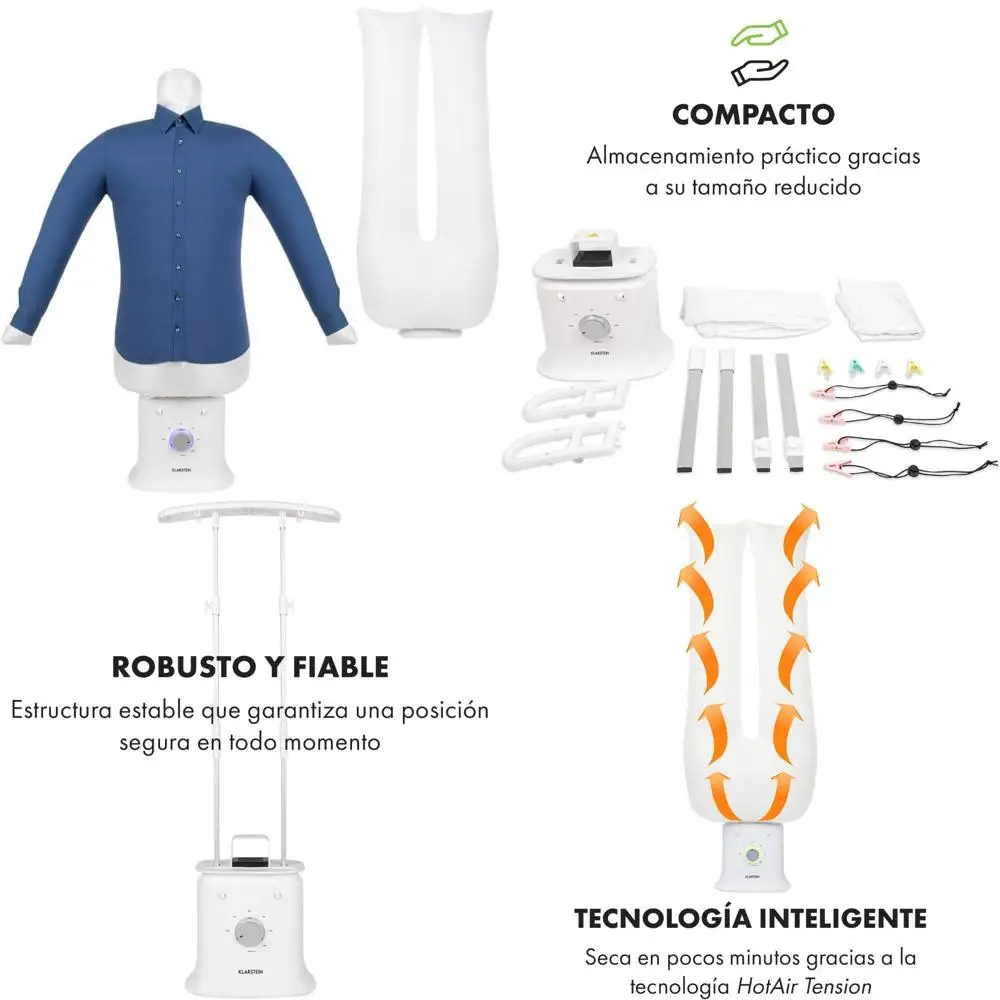 Klarstein ShirtButler Deluxe: Sistema automático de secado y planchado 2 en 1 - Calefacción de seguridad de 1250 W