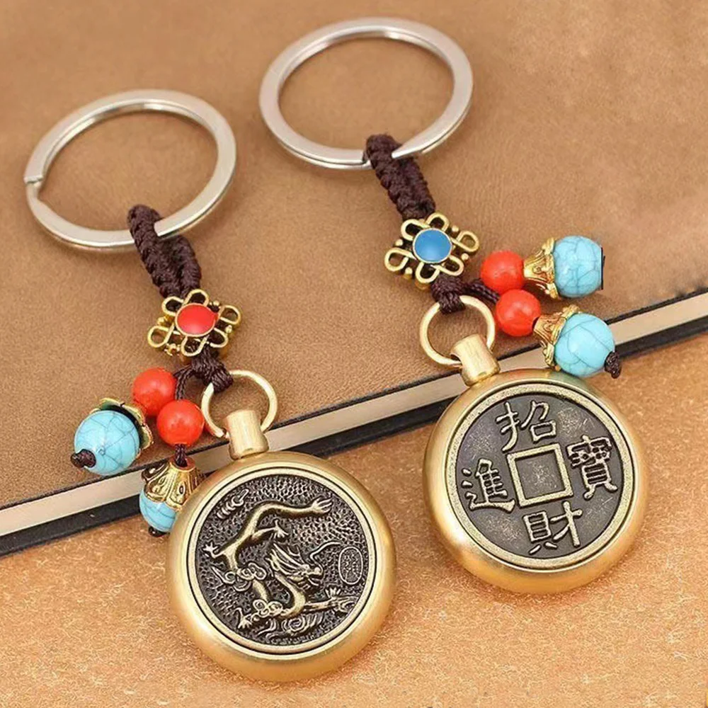 Zodiac Brass Coins Rotatable Keychain Chinese Feng Shui Good Luck Pendant Fortune Longevity Auspicious Car Key Wallet Ornaments