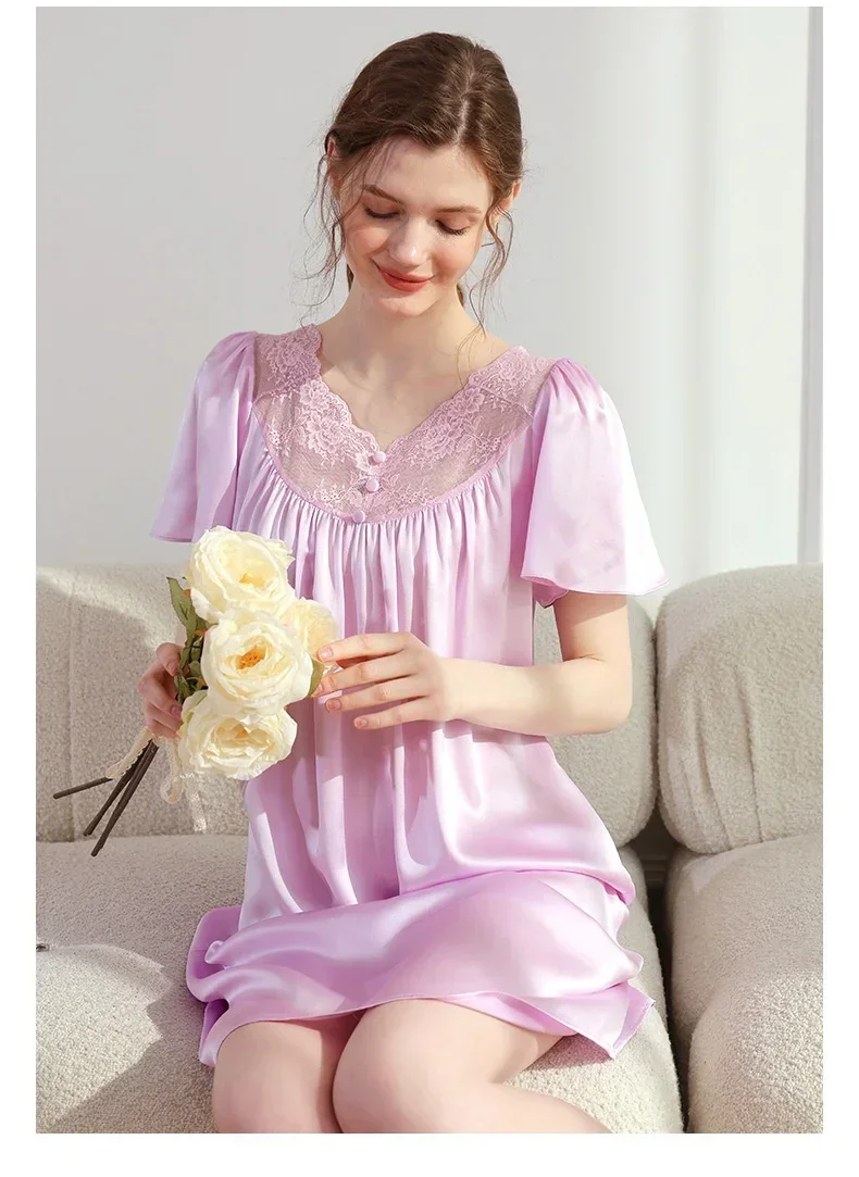 100% Mulberry Silk Nightgown Loose Female Short Sleeve Nightdress Sexy Lace Sleepshirt Pajama Dress V Neck Soft Underwear Nighty