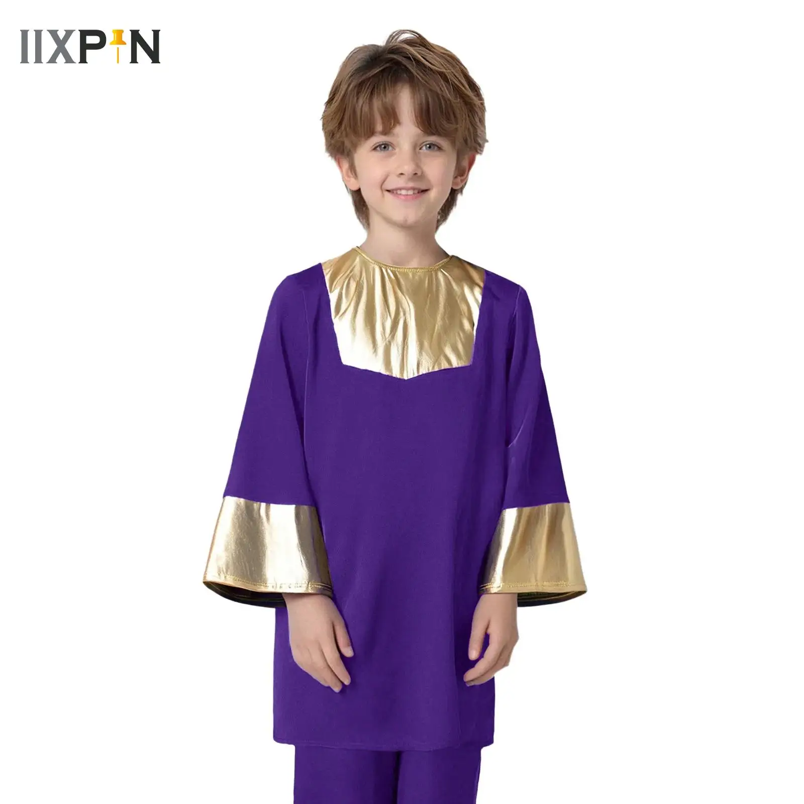 

Kids Boys Church Choir Worship Dance Top Costume Liturgical Praise Lyrical Dance Performance Dancewear Metallic Tunic Praisewear