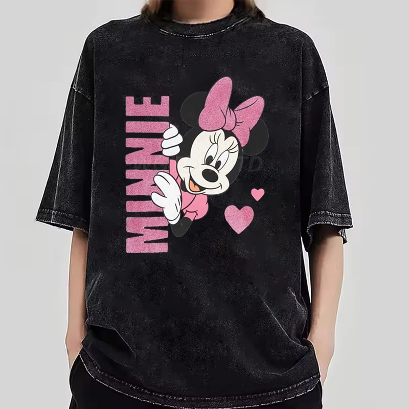 

Винтажная футболка с эффектом потертости с Минни Маус, для девочек, с принтом в стиле кокетки и сердечек, с надписью MINNIE, оверсайз, женская повседневная футболка с коротким рукавом