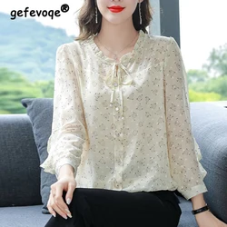 Women Ruffle Lace Up Elegant Blouses Spring Autumn Korean Floral Print Shirts Chic Sweet Long Sleeve Tops Blusa Mujer Moda 2023