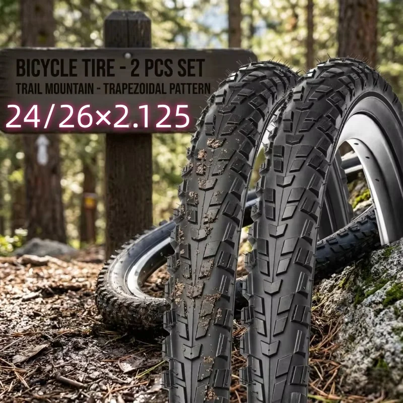 2Pc 24/26x2.125 Mountain Bike Tires MTB Bicycle Outer Tire Replacement Set All Terrain Trapezoidal Tread Pattern Durable Rubber