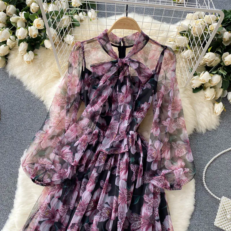 Flowers Series Elegant Dress Niche Popular Lightweight Chiffon Flowing Vacation Skirt Autumn Clothing Goddess Temperament