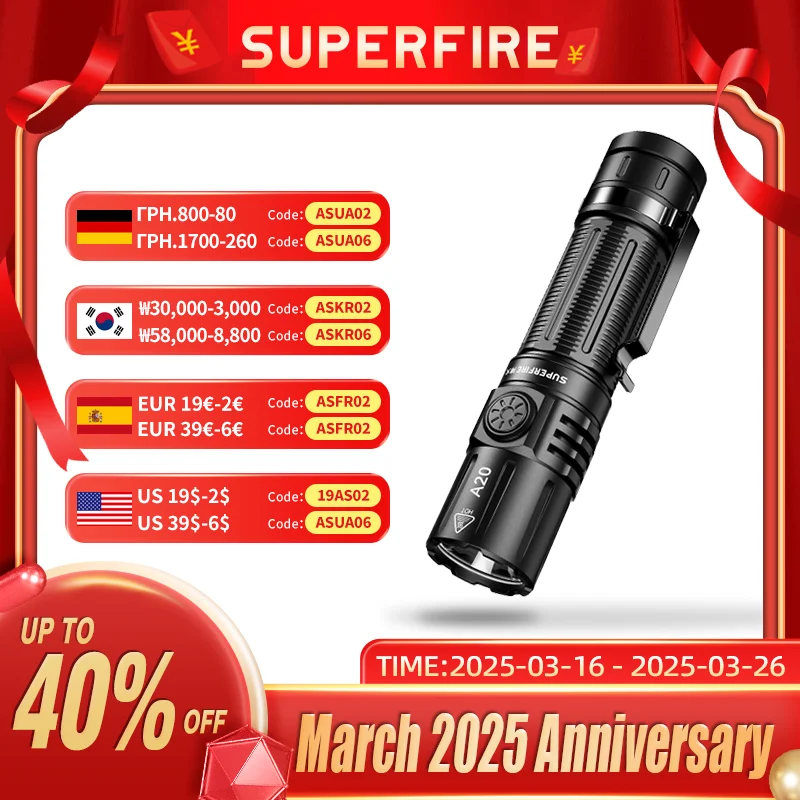 SUPERFIRE A20 EDC фонарик Type-c перезаряжаемый аккумулятор 21700/18650/3AAA портативный тактический фонарь для кемпинга аварийное освещение