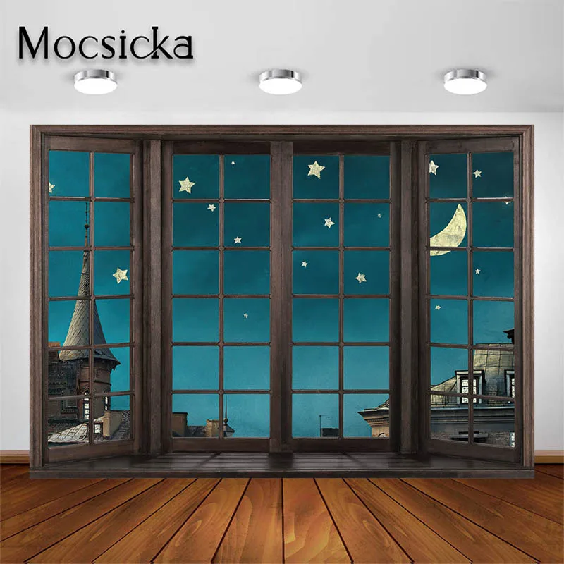 Mocsicka Night Window Scenery Photography Decoration Backdrop Starry Windowsill Background Kids Adult Portrait Photo Studio Prop