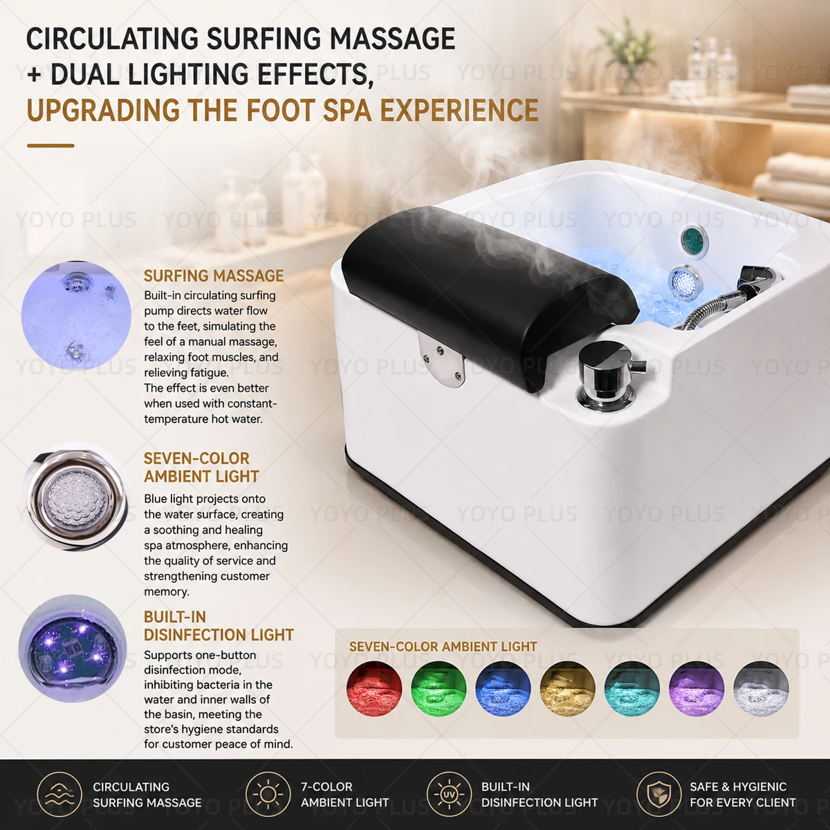 Salon Pedicure Foot Bath Basin, Electric Heating Foot Spa Tub with Surfing Massage, One Button Drain & Color Atmosphere Light
