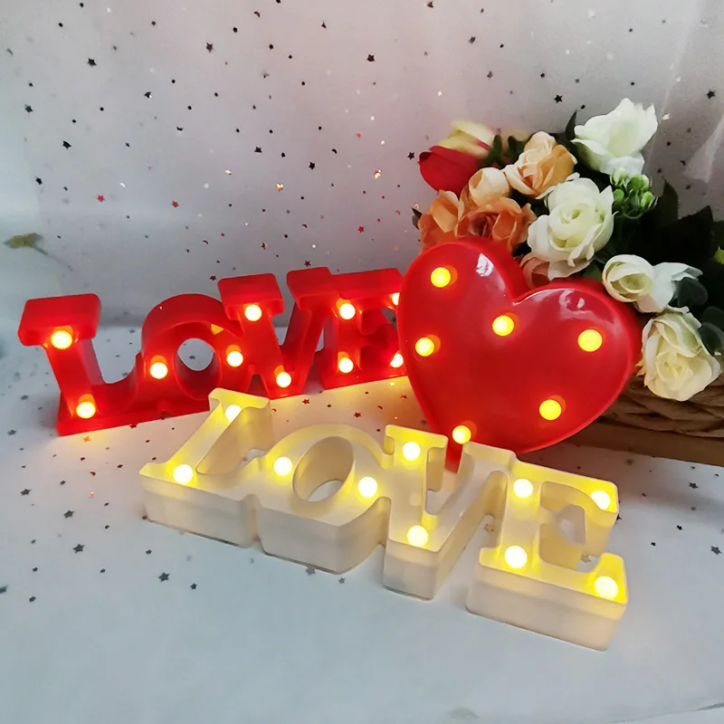 Love Heart LED Letter Lamp Wedding Romantic Red Pink Night Light Ornament Birthday Christmas Home Decoration Valentines Day Gift