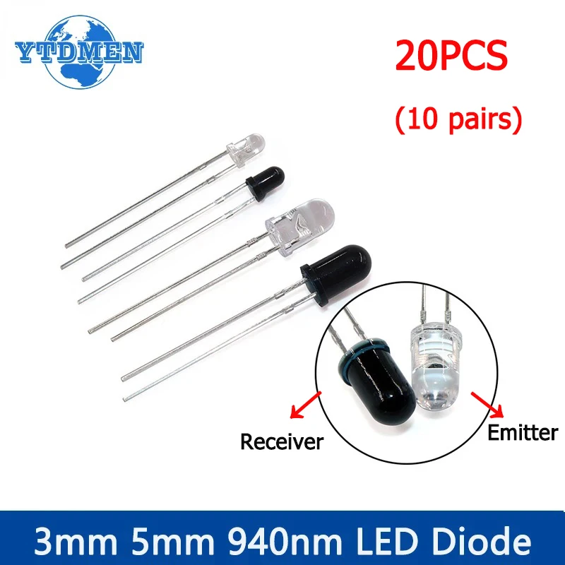 10 Pairs 3mm 5mm 940nm LED Infrared Emitter and IR Receiver Diode F3 F5 LEDs Diodes 1.4-1.6V, for Arduino