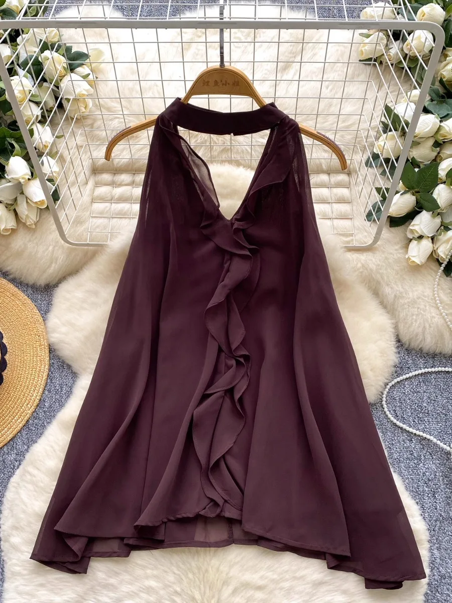 Foamlina Camicetta estiva senza maniche in chiffon con volant Camicia da donna Estetica intenzionale Scava fuori Top con scollo all'americana Camis