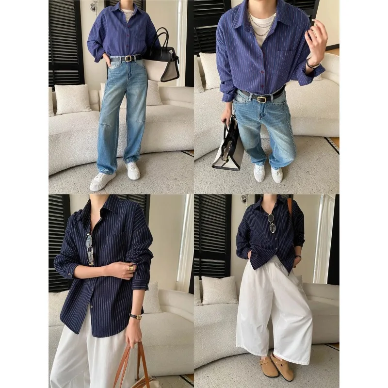 Women Blue And Red Striped Oversized Shirt Turn Down Collar Chest Pocket Button Down Blouse For Casual And Office Wear M4MC