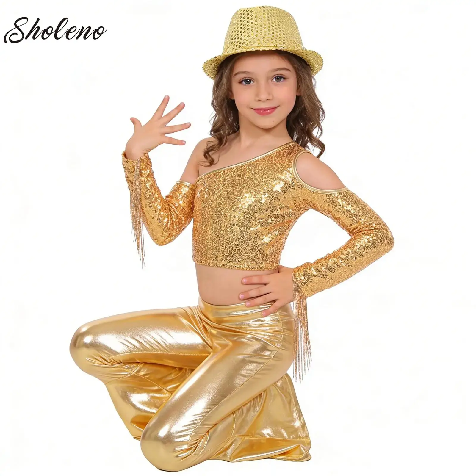

Kids Girls Shiny Sequins Dance Clothes Set Pageant Performance Costume Tassels Top And Bell Bottom Pants Hippie Disco Dancewear