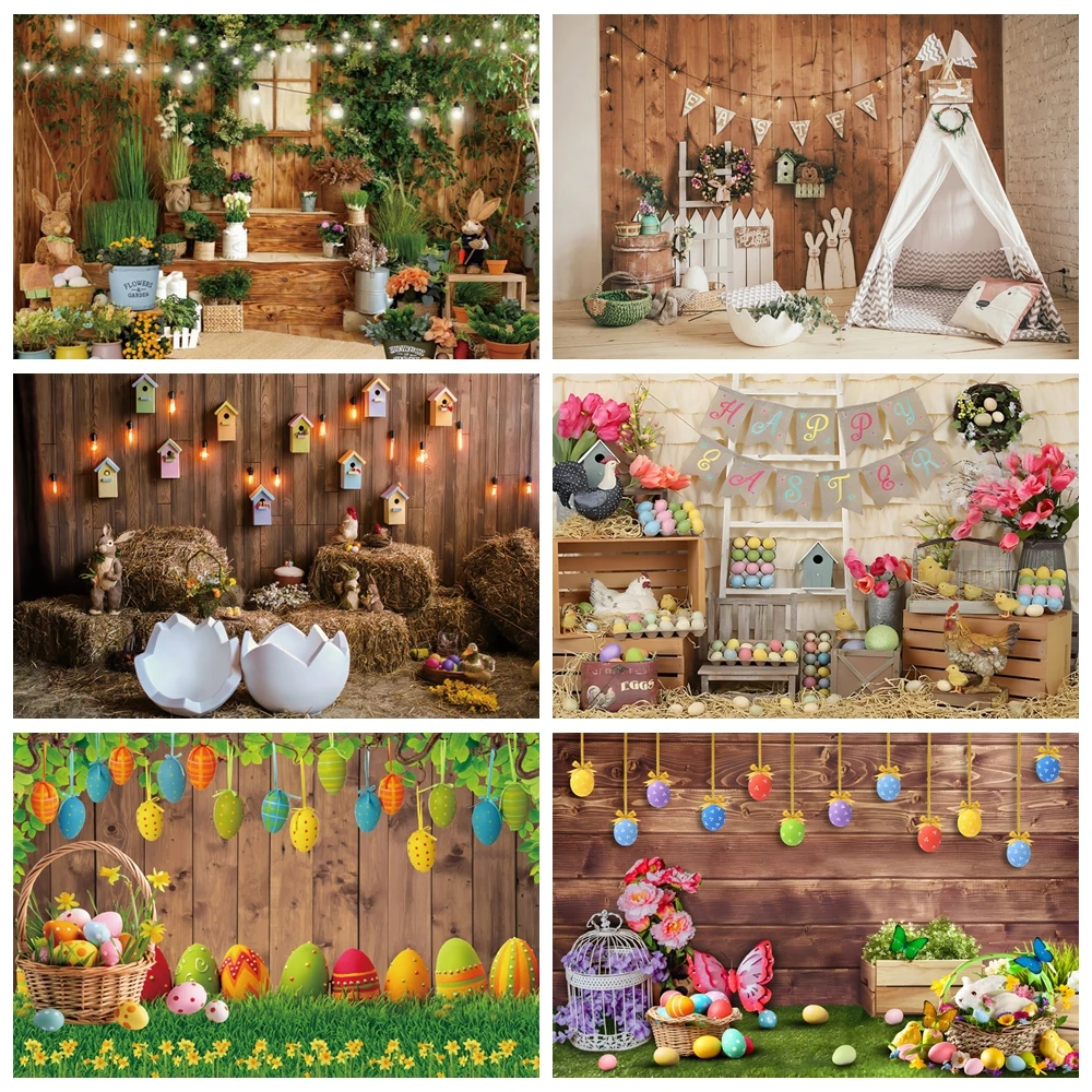 

Spring Easter Photography Backdrop Rabbit Eggs Floral Bunny Wooden Wall Happy Easter Kids Baby Portrait Background Photo Studio