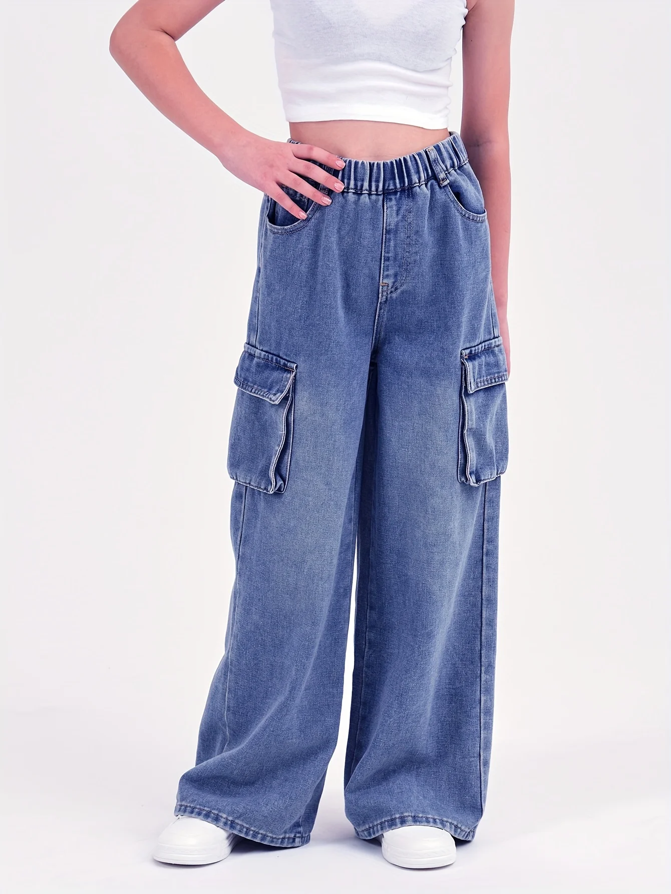 

Teenage Girls Straight Leg Jeans Loose Wide Leg Long Casual Trousers Simple College Style Children's Clothing