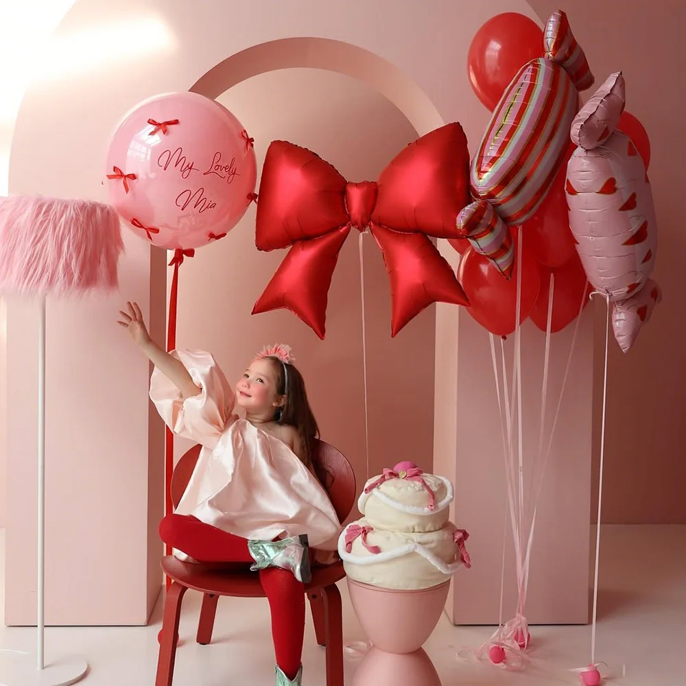 Bogen- und Bonbon-förmiges Ballon-Set in Rot-Rosa für Geburtstagsfeier, Dusche, Verlobung, Hochzeit, Dekoration, Ballon – Detail 5